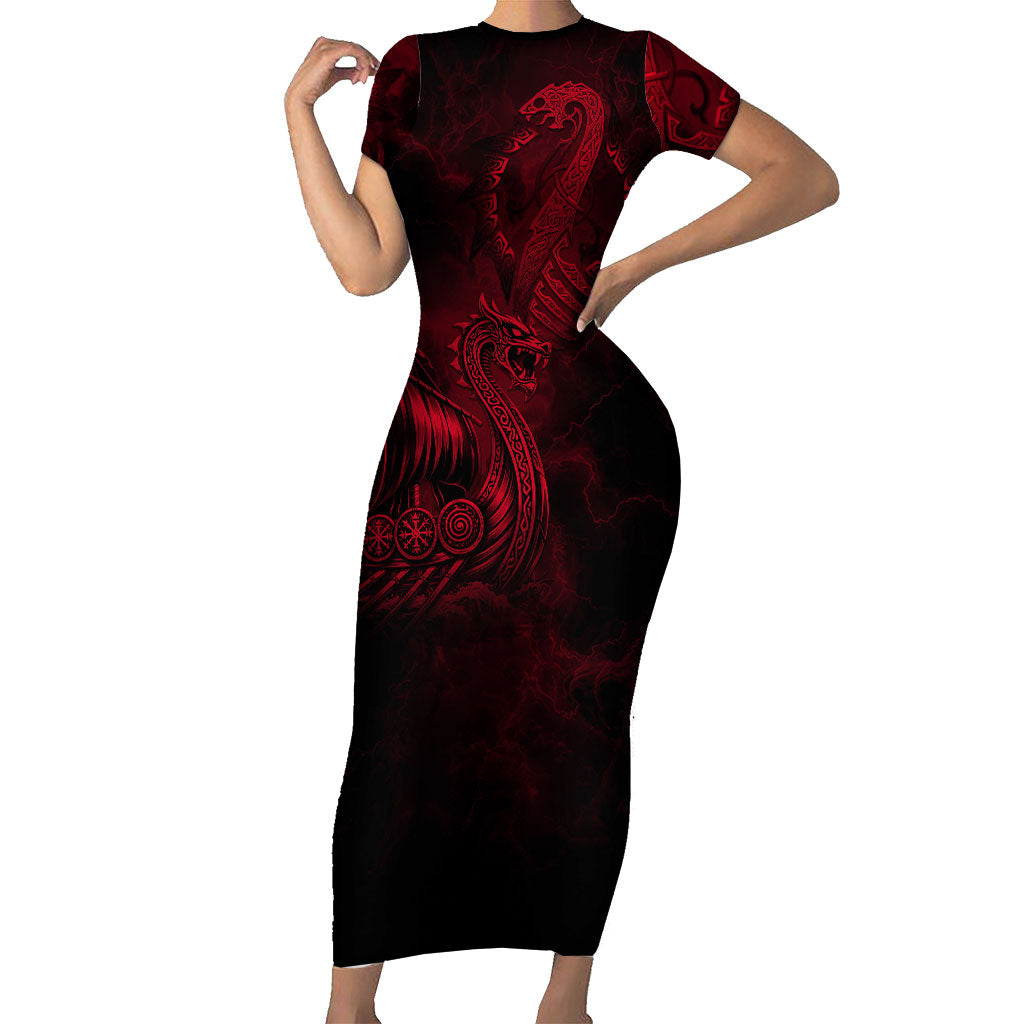 Viking Dragon Longship Helm of Awe Short Sleeve Bodycon Dress Nordic Mythology Tribal Engraving Style