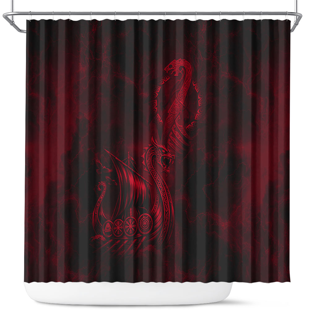Viking Dragon Longship Helm of Awe Shower Curtain Nordic Mythology Tribal Engraving Style