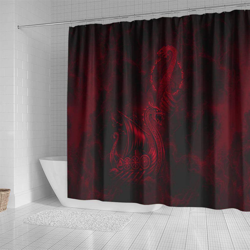 Viking Dragon Longship Helm of Awe Shower Curtain Nordic Mythology Tribal Engraving Style
