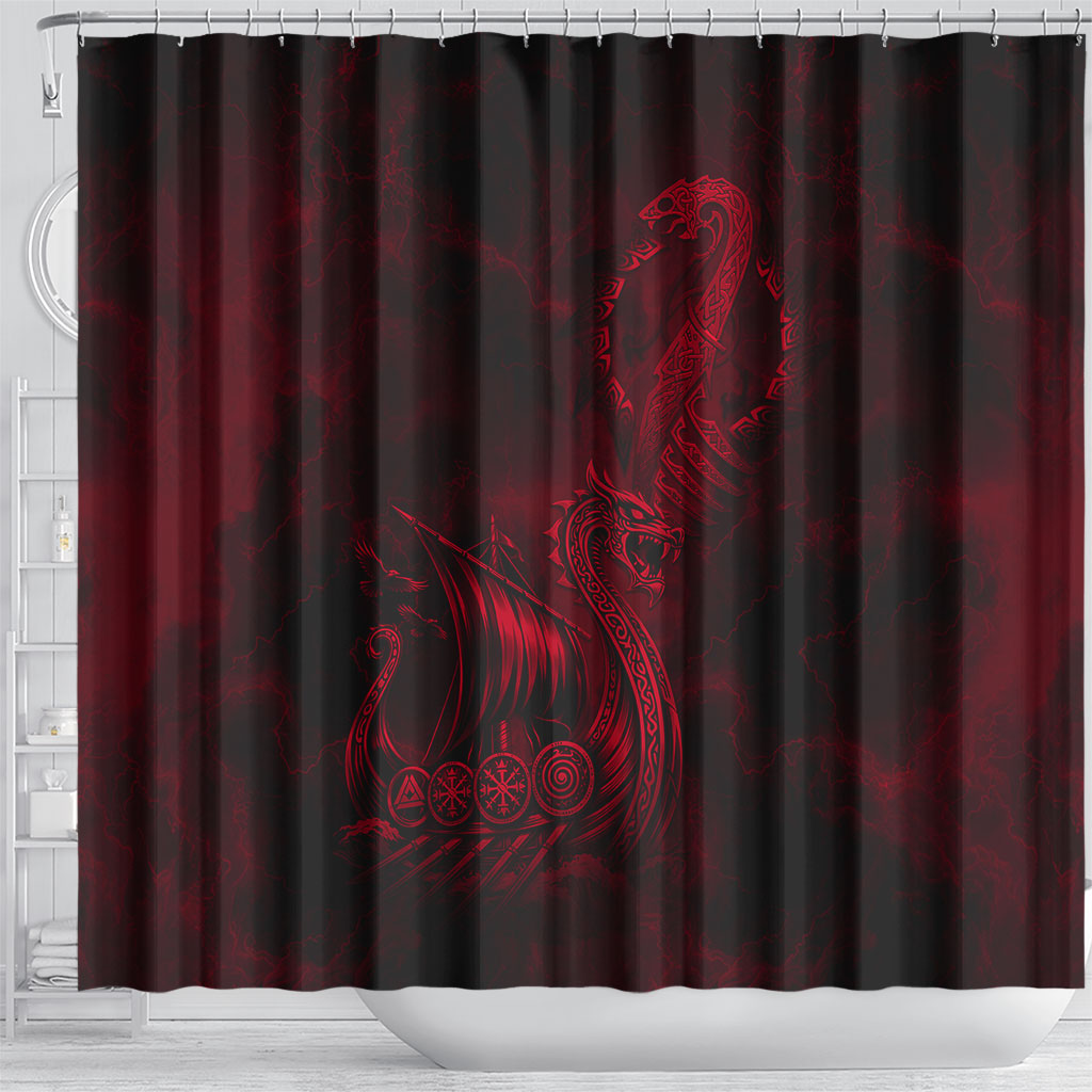Viking Dragon Longship Helm of Awe Shower Curtain Nordic Mythology Tribal Engraving Style