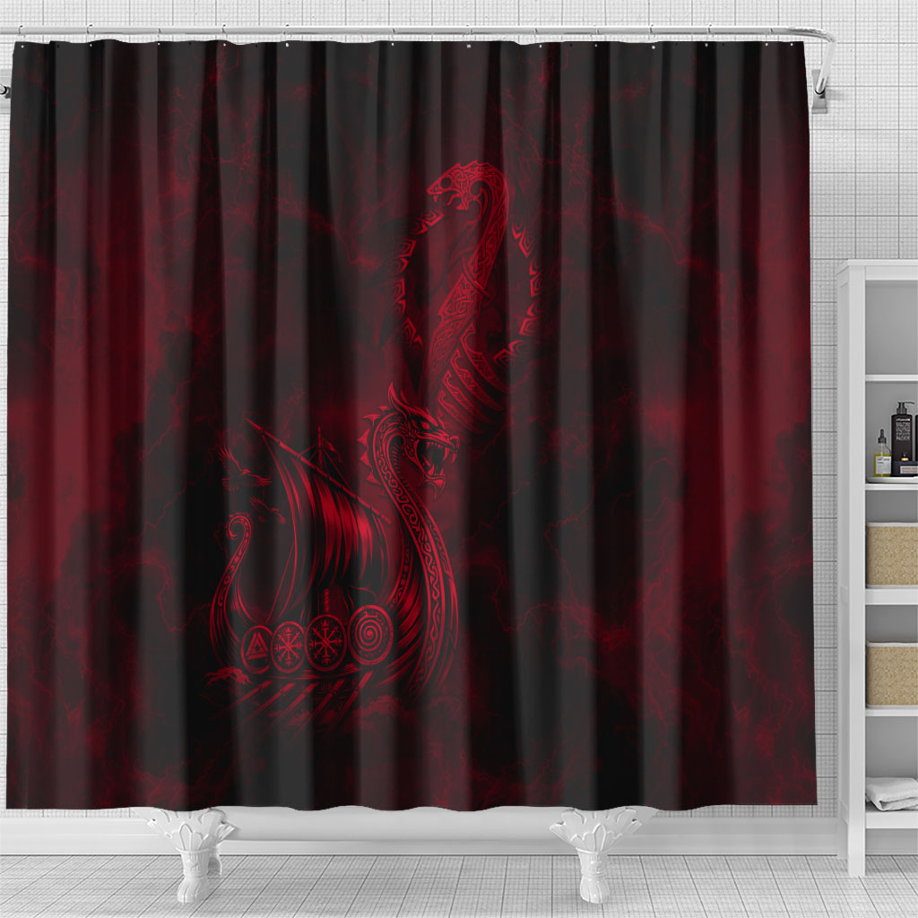 Viking Dragon Longship Helm of Awe Shower Curtain Nordic Mythology Tribal Engraving Style