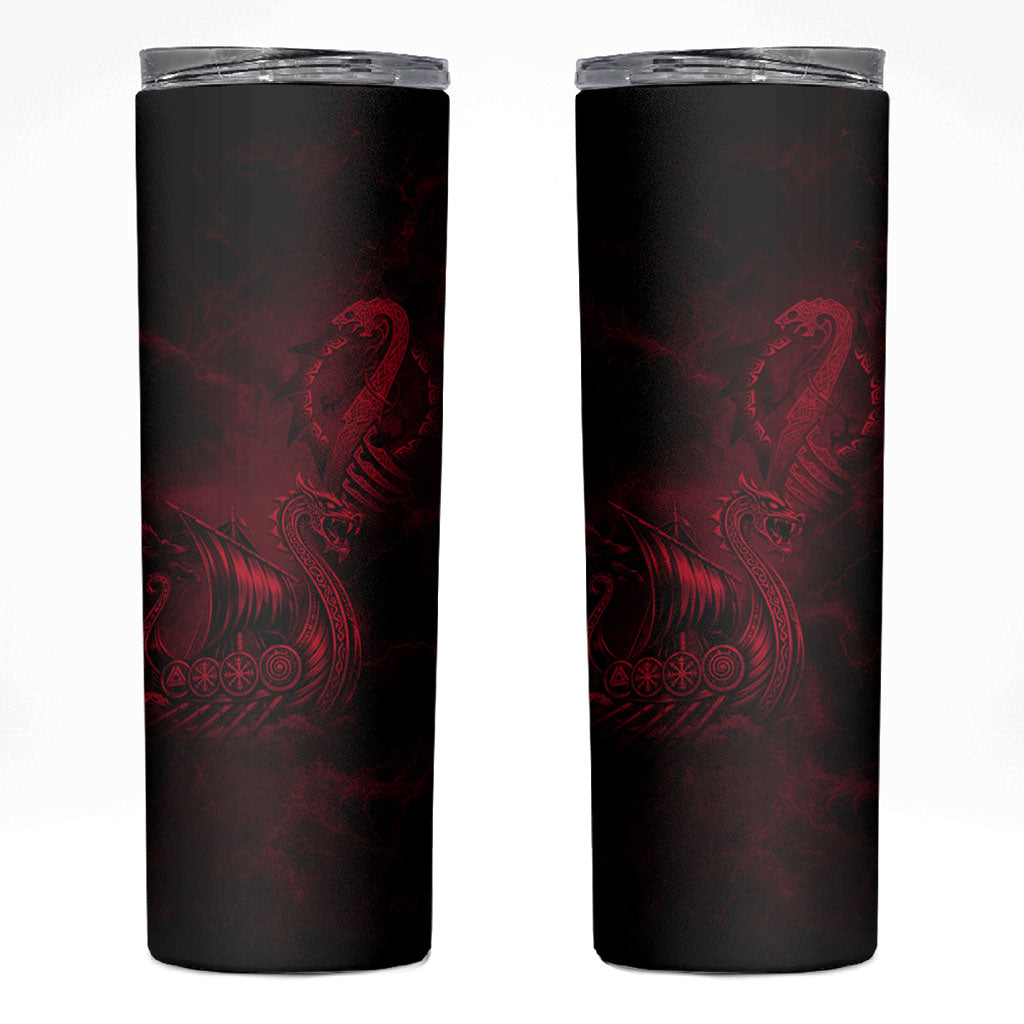 Viking Dragon Longship Helm of Awe Skinny Tumbler Nordic Mythology Tribal Engraving Style
