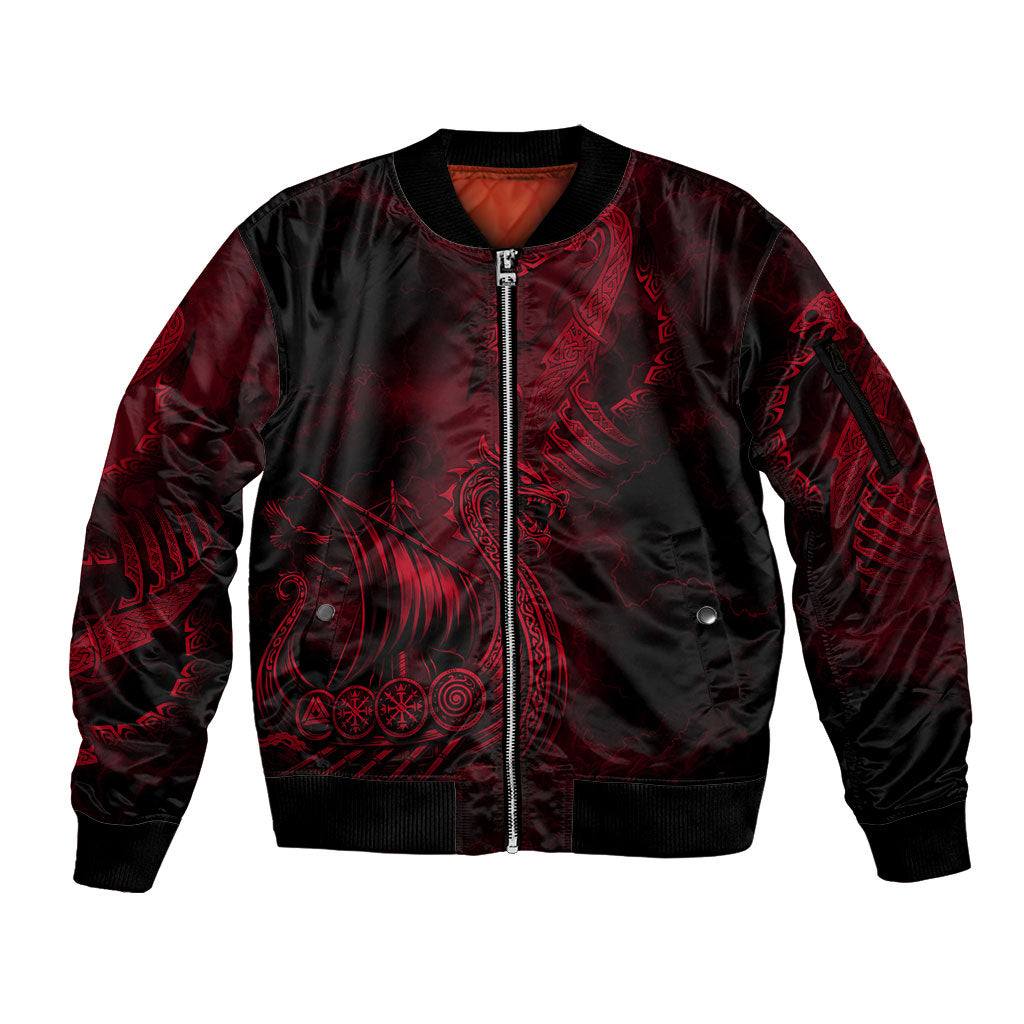 Viking Dragon Longship Helm of Awe Sleeve Zip Bomber Jacket Nordic Mythology Tribal Engraving Style