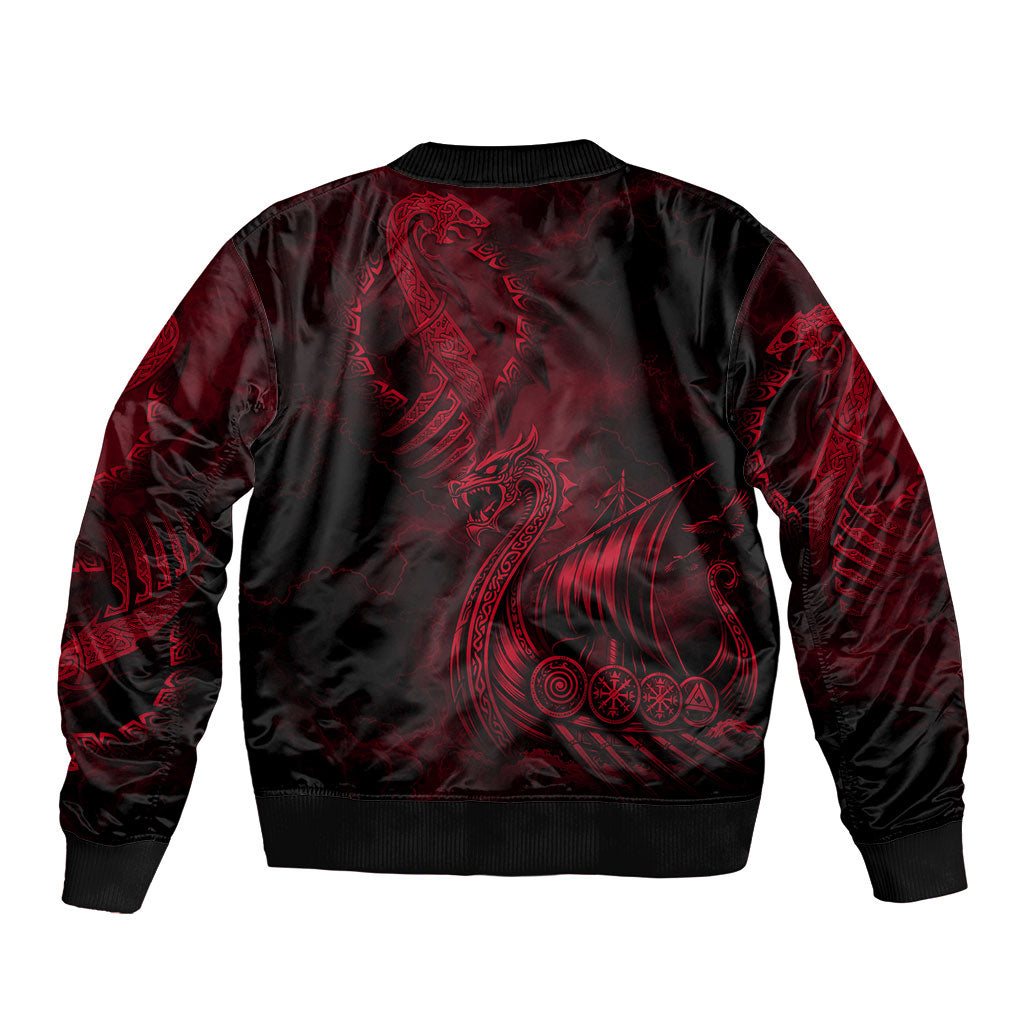 Viking Dragon Longship Helm of Awe Sleeve Zip Bomber Jacket Nordic Mythology Tribal Engraving Style