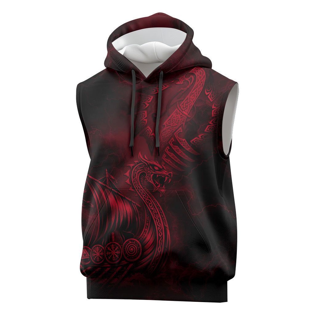 Viking Dragon Longship Helm of Awe Sleeveless Hoodie Nordic Mythology Tribal Engraving Style