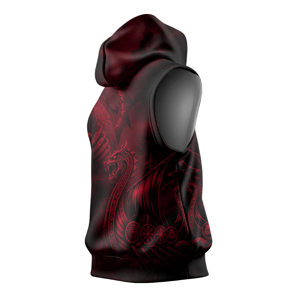 Viking Dragon Longship Helm of Awe Sleeveless Hoodie Nordic Mythology Tribal Engraving Style