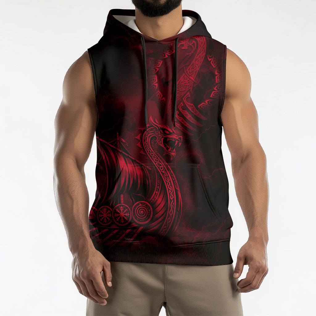 Viking Dragon Longship Helm of Awe Sleeveless Hoodie Nordic Mythology Tribal Engraving Style