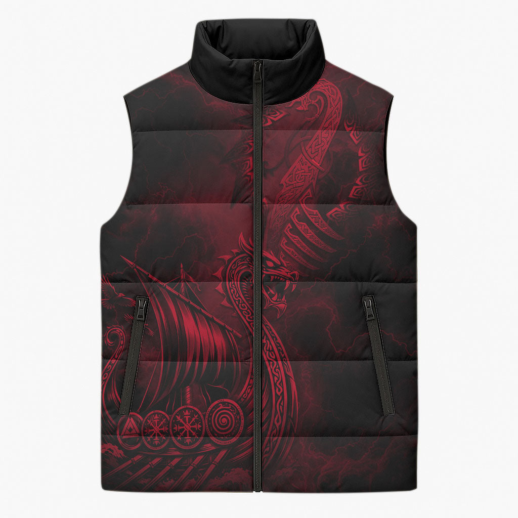 Viking Dragon Longship Helm of Awe Sleeveless Puffer Jacket Nordic Mythology Tribal Engraving Style