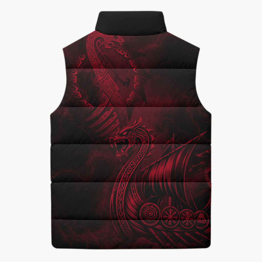 Viking Dragon Longship Helm of Awe Sleeveless Puffer Jacket Nordic Mythology Tribal Engraving Style