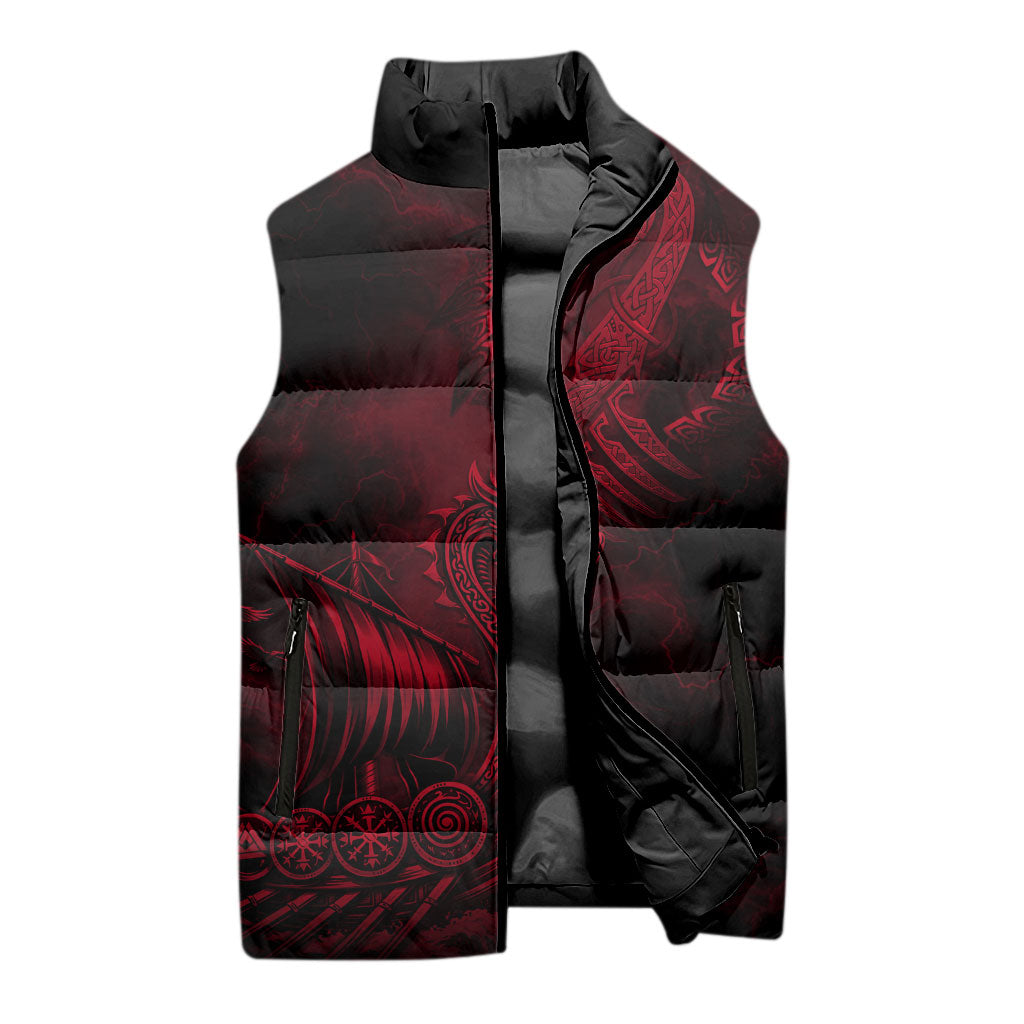 Viking Dragon Longship Helm of Awe Sleeveless Puffer Jacket Nordic Mythology Tribal Engraving Style