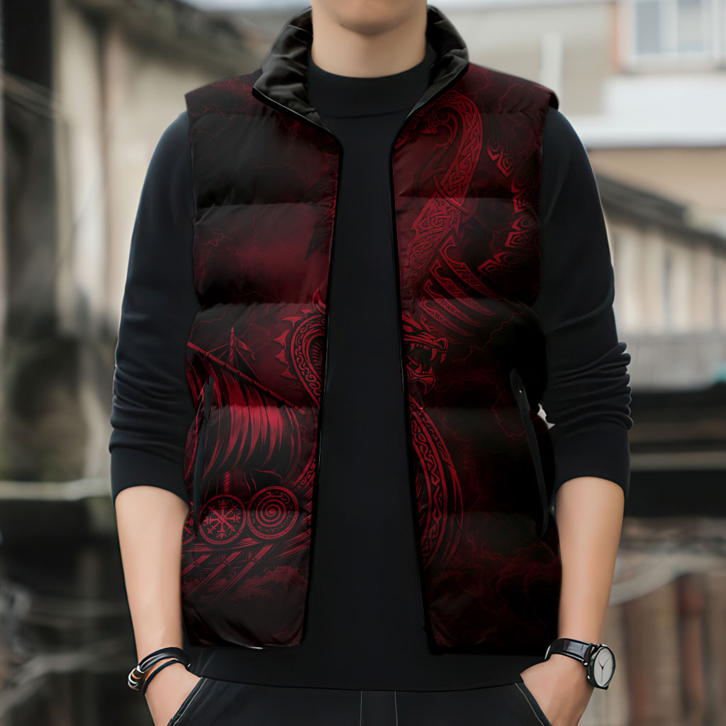 Viking Dragon Longship Helm of Awe Sleeveless Puffer Jacket Nordic Mythology Tribal Engraving Style