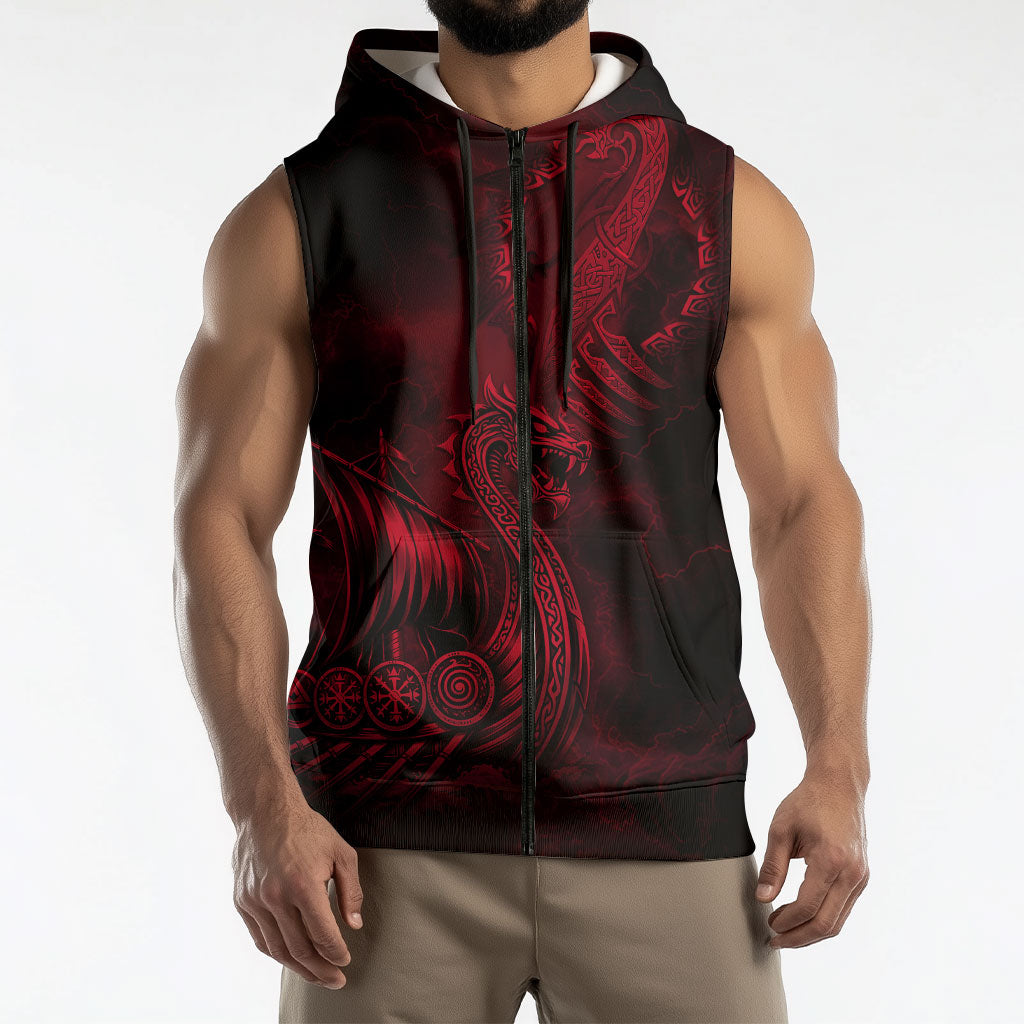 Viking Dragon Longship Helm of Awe Sleeveless Zip Hoodie Nordic Mythology Tribal Engraving Style