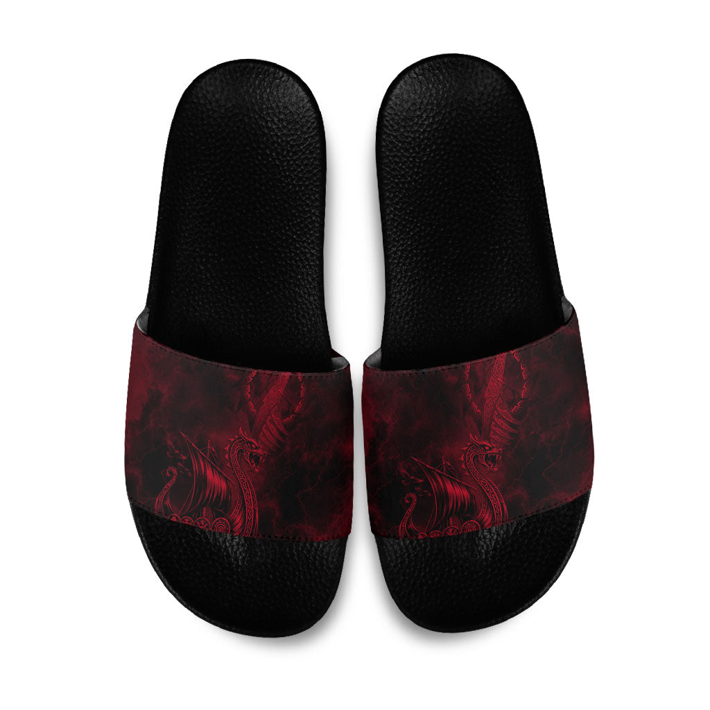 Viking Dragon Longship Helm of Awe Slide Sandals Nordic Mythology Tribal Engraving Style