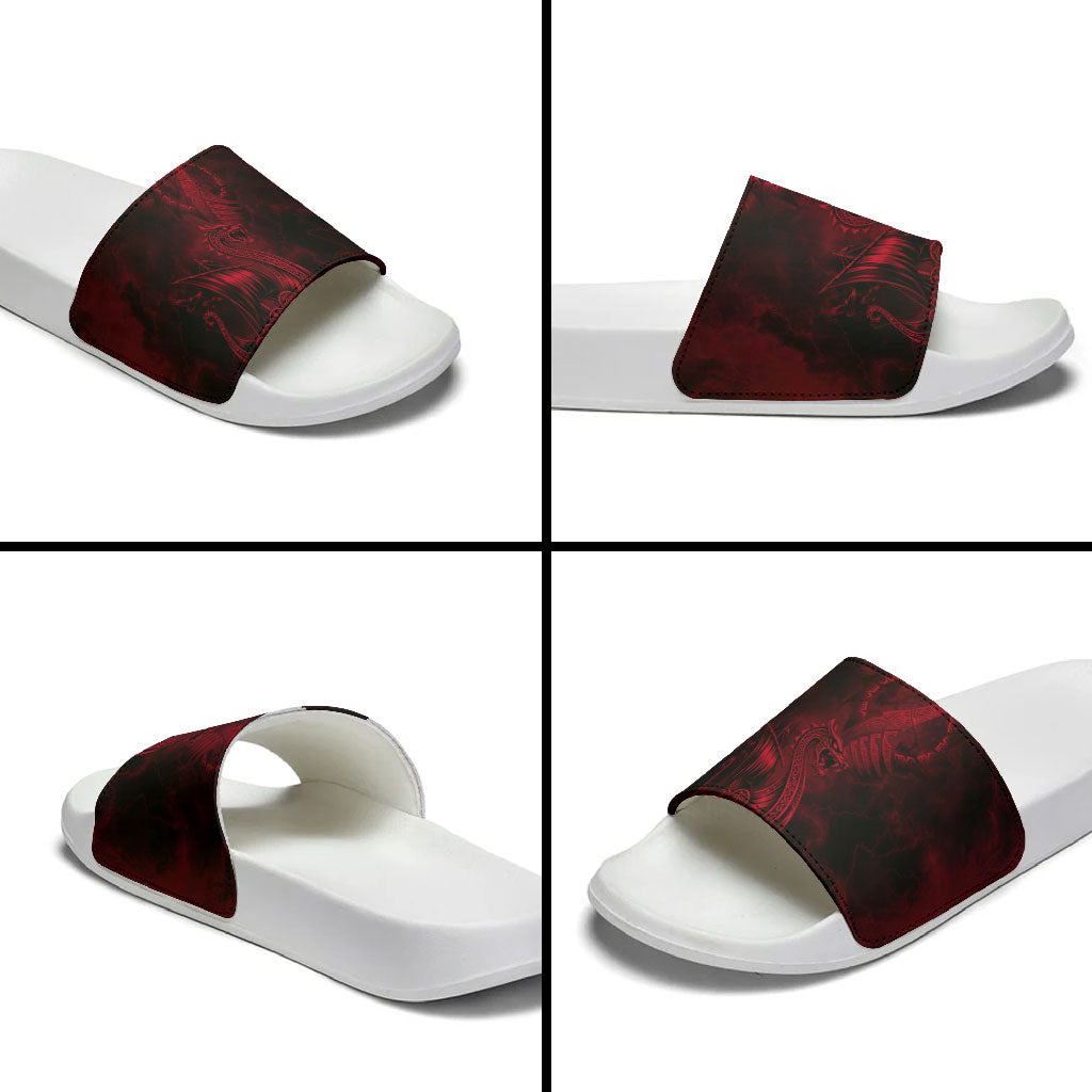 Viking Dragon Longship Helm of Awe Slide Sandals Nordic Mythology Tribal Engraving Style