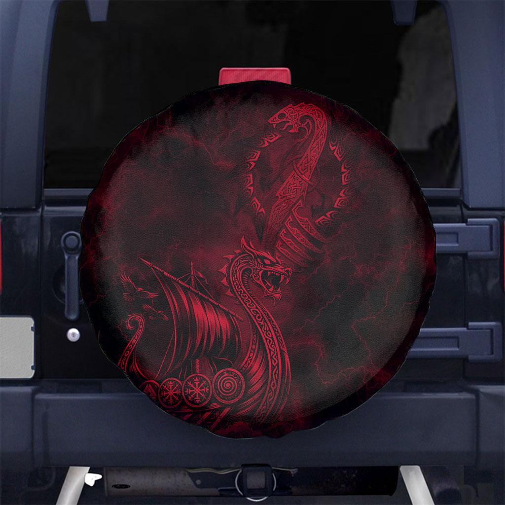 Viking Dragon Longship Helm of Awe Spare Tire Cover Nordic Mythology Tribal Engraving Style