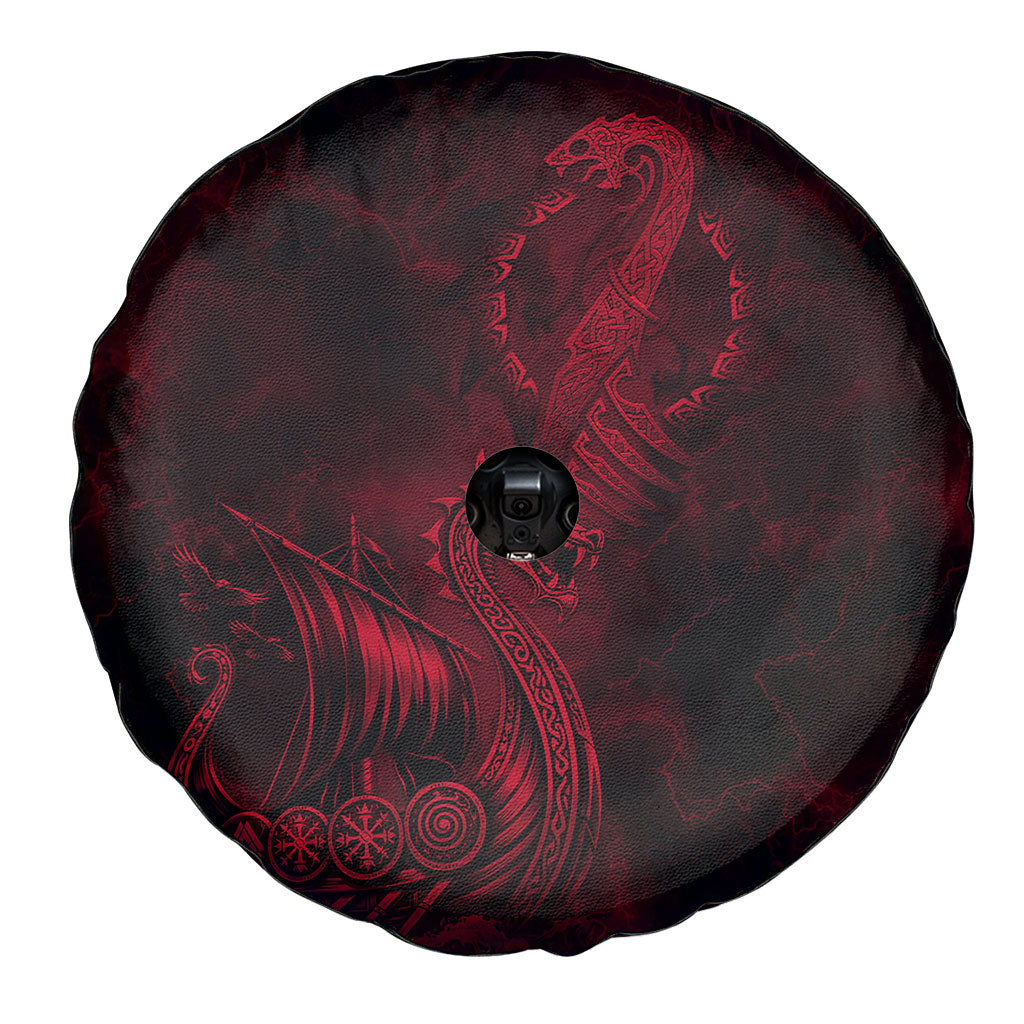 Viking Dragon Longship Helm of Awe Spare Tire Cover Nordic Mythology Tribal Engraving Style