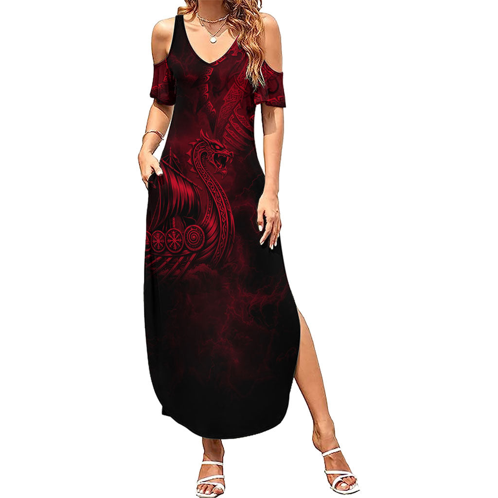 Viking Dragon Longship Helm of Awe Summer Maxi Dress Nordic Mythology Tribal Engraving Style