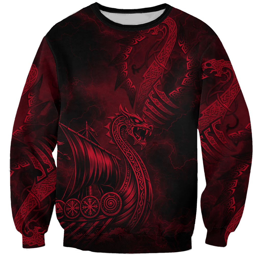 Viking Dragon Longship Helm of Awe Sweatshirt Nordic Mythology Tribal Engraving Style