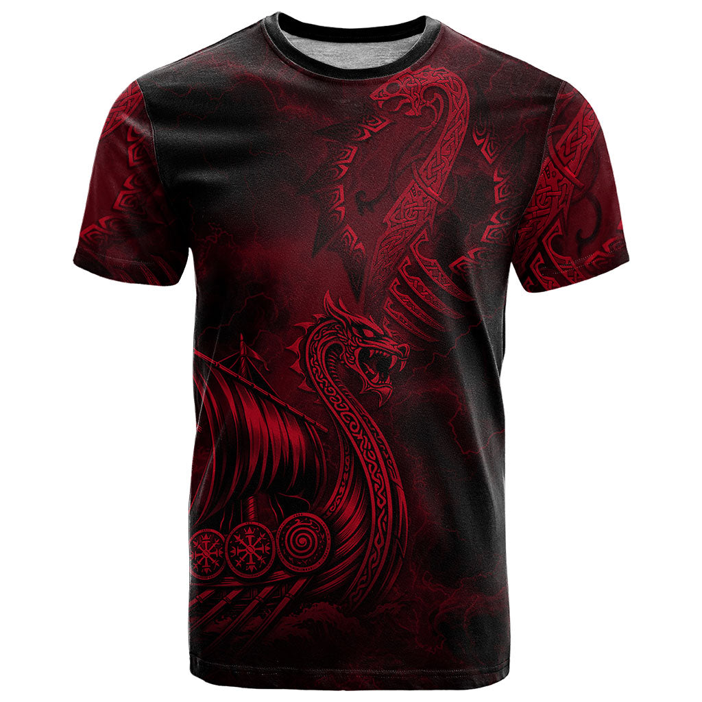 Viking Dragon Longship Helm of Awe T Shirt Nordic Mythology Tribal Engraving Style