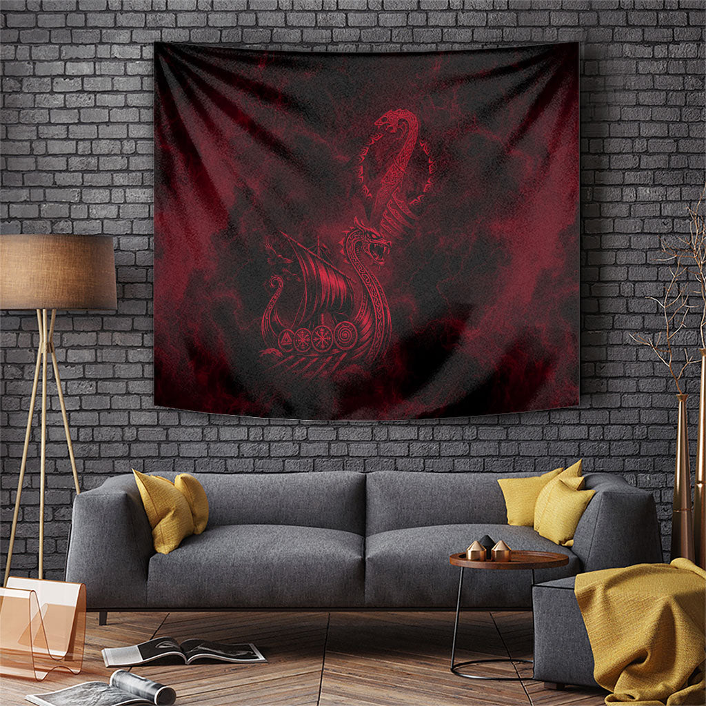 Viking Dragon Longship Helm of Awe Tapestry Nordic Mythology Tribal Engraving Style