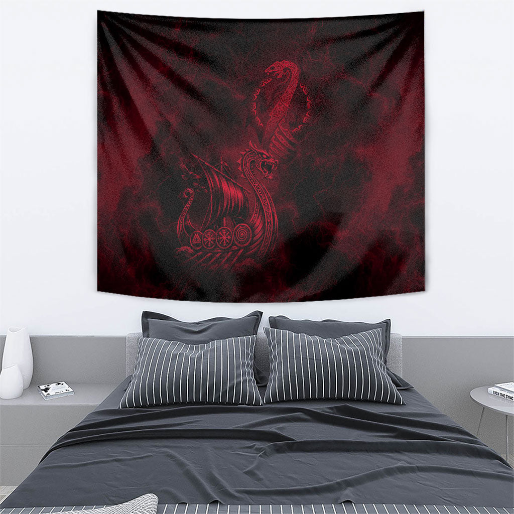 Viking Dragon Longship Helm of Awe Tapestry Nordic Mythology Tribal Engraving Style