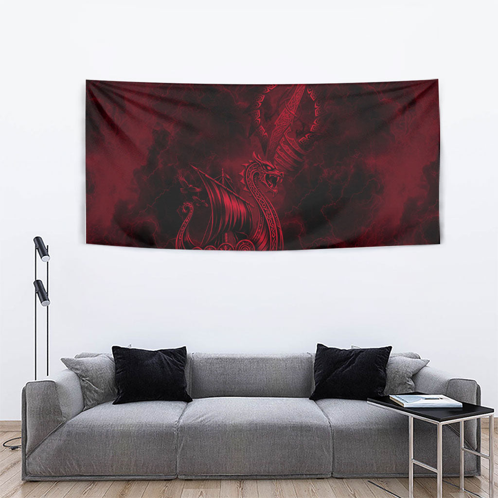 Viking Dragon Longship Helm of Awe Tapestry Nordic Mythology Tribal Engraving Style