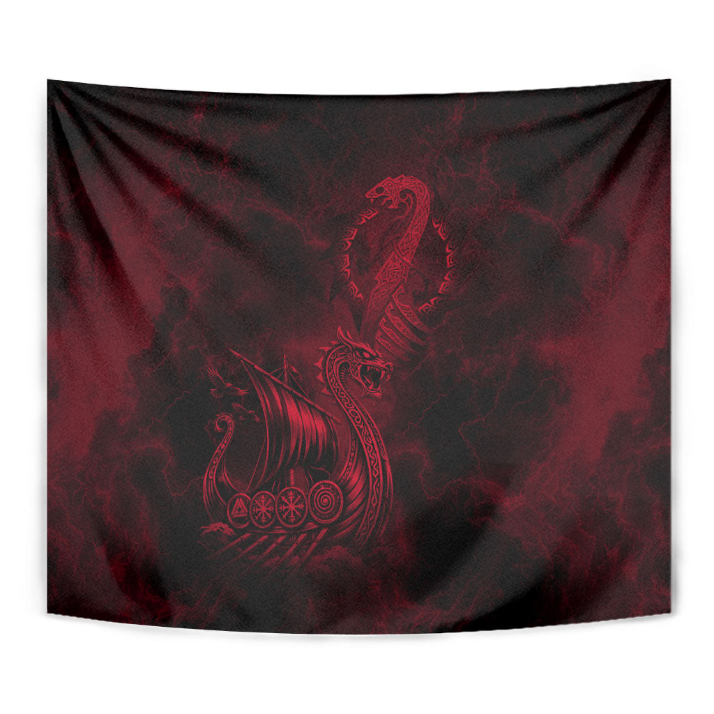 Viking Dragon Longship Helm of Awe Tapestry Nordic Mythology Tribal Engraving Style