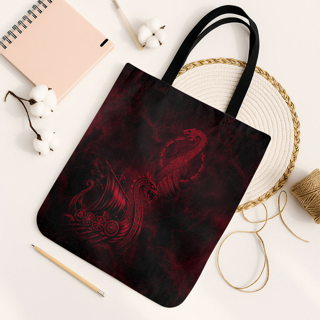 Viking Dragon Longship Helm of Awe Tote Bag Nordic Mythology Tribal Engraving Style