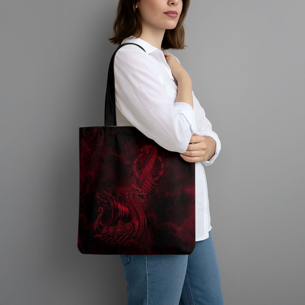 Viking Dragon Longship Helm of Awe Tote Bag Nordic Mythology Tribal Engraving Style