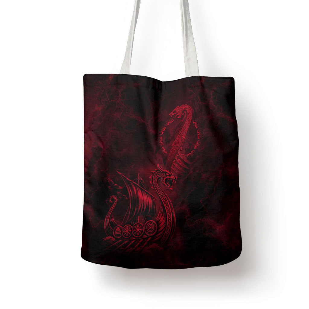 Viking Dragon Longship Helm of Awe Tote Bag Nordic Mythology Tribal Engraving Style