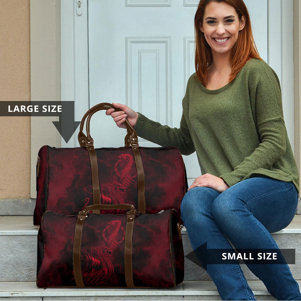 Viking Dragon Longship Helm of Awe Travel Bag Nordic Mythology Tribal Engraving Style