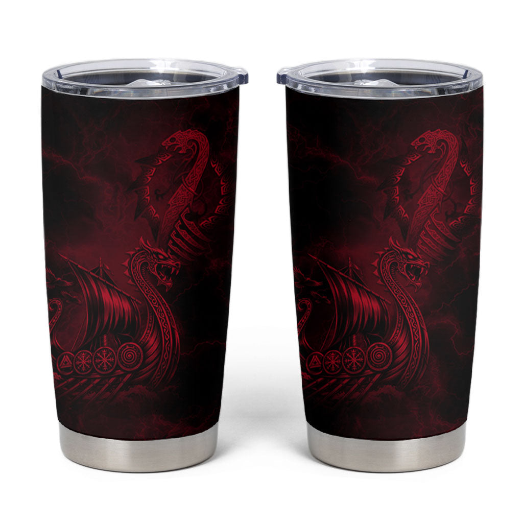 Viking Dragon Longship Helm of Awe Tumbler Cup Nordic Mythology Tribal Engraving Style