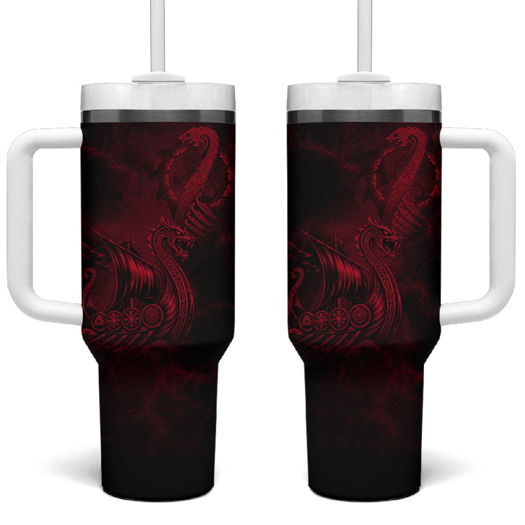 Viking Dragon Longship Helm of Awe Tumbler With Handle Nordic Mythology Tribal Engraving Style