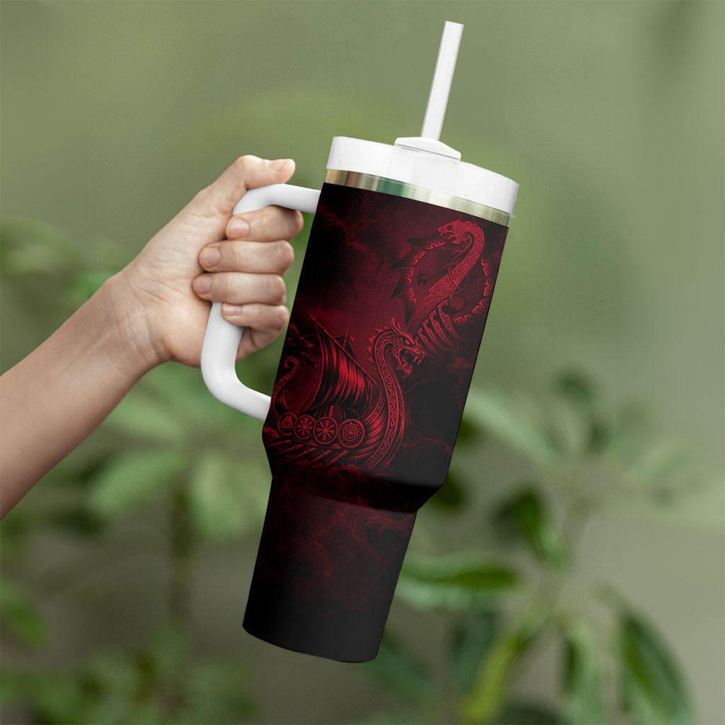 Viking Dragon Longship Helm of Awe Tumbler With Handle Nordic Mythology Tribal Engraving Style