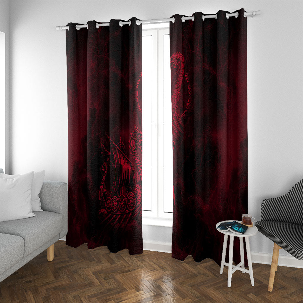 Viking Dragon Longship Helm of Awe Window Curtain Nordic Mythology Tribal Engraving Style