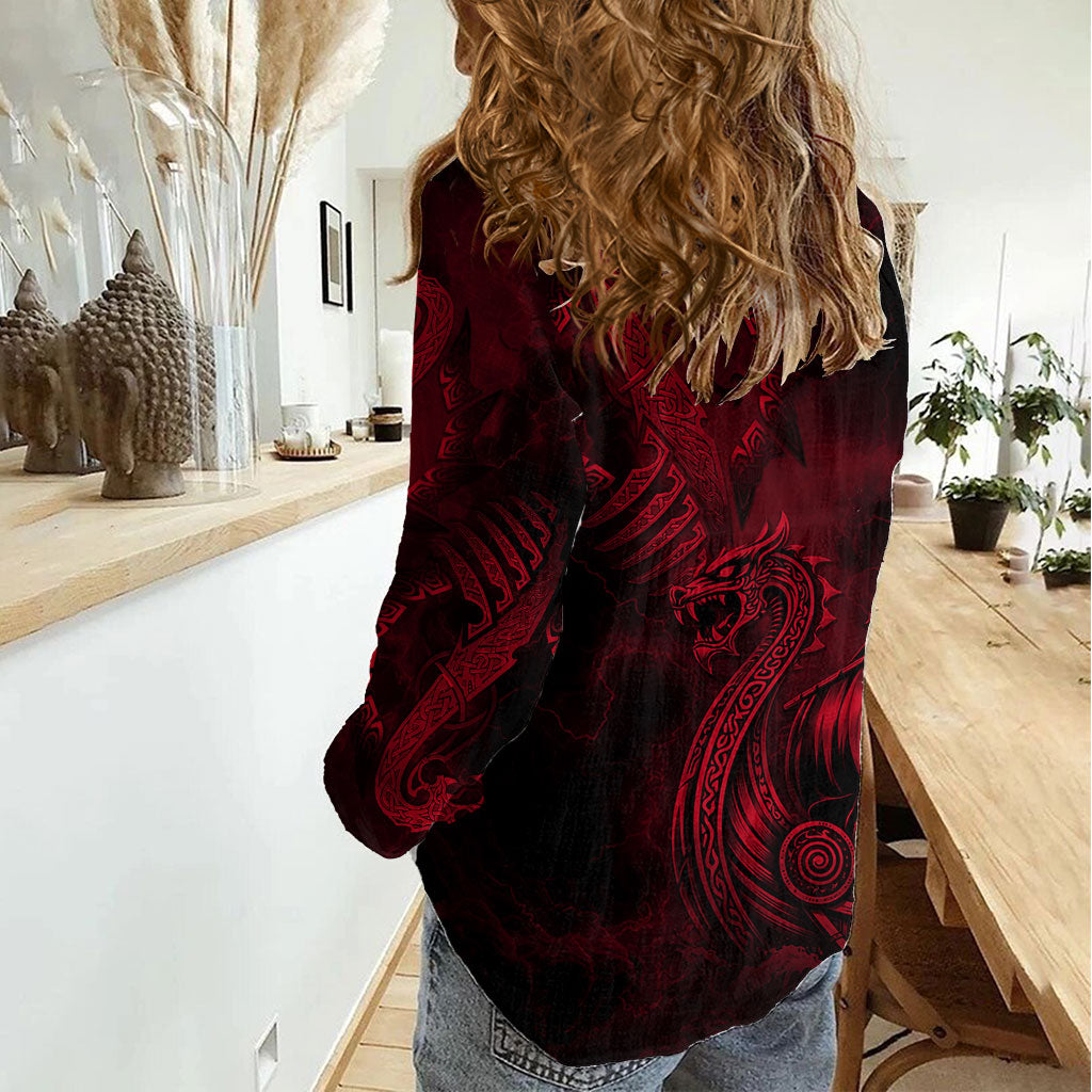 Viking Dragon Longship Helm of Awe Women Casual Shirt Nordic Mythology Tribal Engraving Style