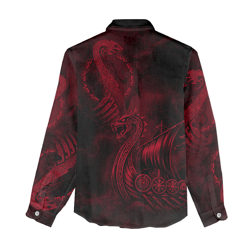 Viking Dragon Longship Helm of Awe Women Casual Shirt Nordic Mythology Tribal Engraving Style
