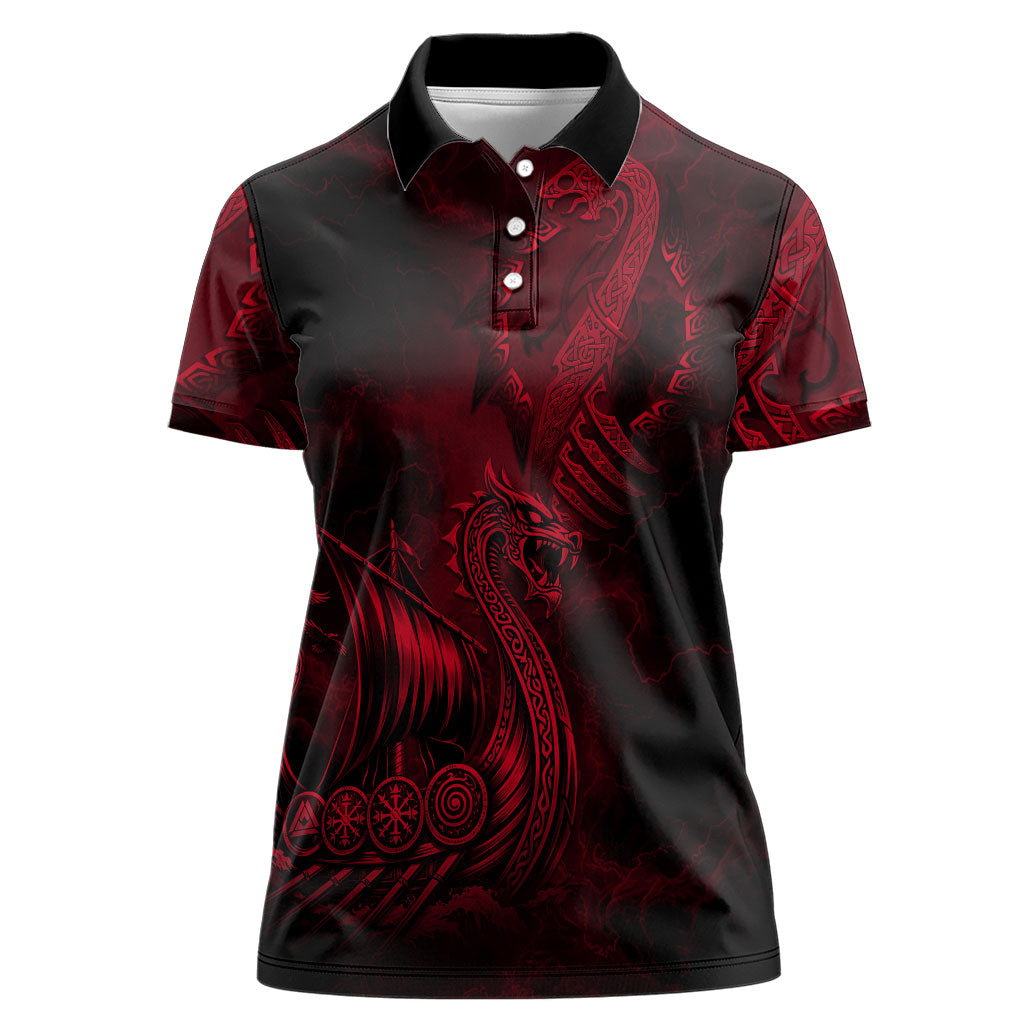 Viking Dragon Longship Helm of Awe Women Polo Shirt Nordic Mythology Tribal Engraving Style