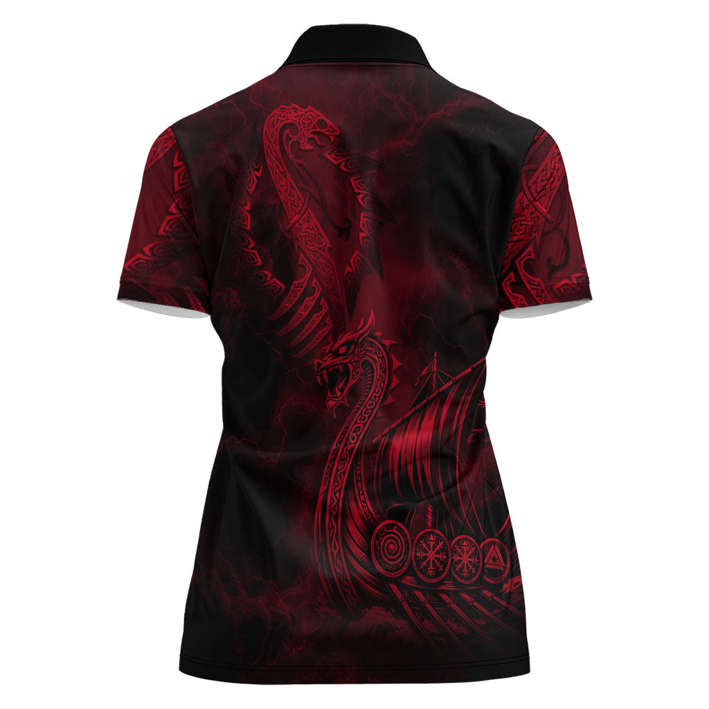 Viking Dragon Longship Helm of Awe Women Polo Shirt Nordic Mythology Tribal Engraving Style