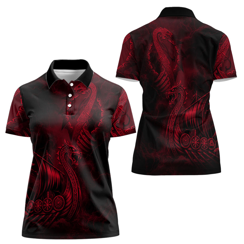 Viking Dragon Longship Helm of Awe Women Polo Shirt Nordic Mythology Tribal Engraving Style