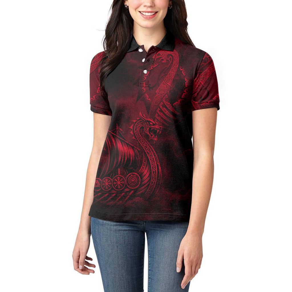 Viking Dragon Longship Helm of Awe Women Polo Shirt Nordic Mythology Tribal Engraving Style