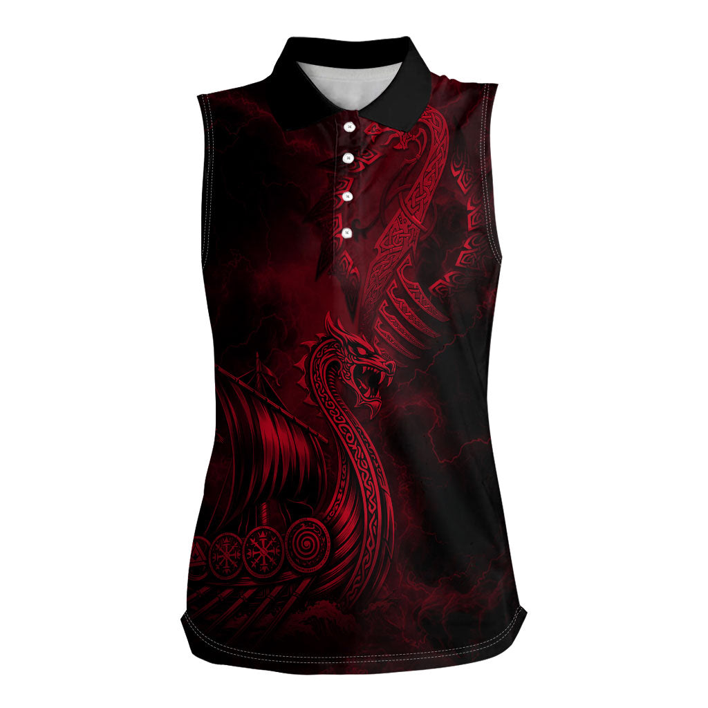 Viking Dragon Longship Helm of Awe Women Sleeveless Polo Shirt Nordic Mythology Tribal Engraving Style