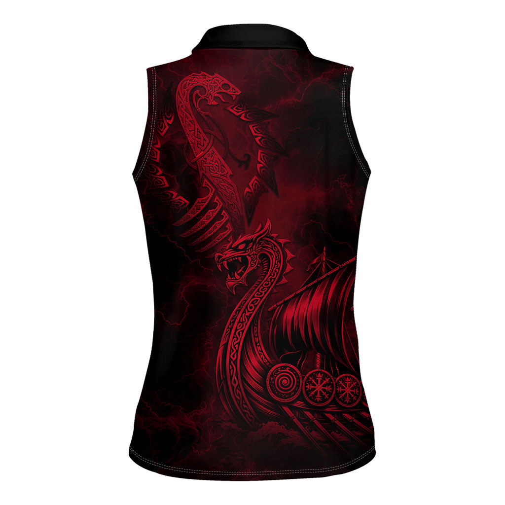 Viking Dragon Longship Helm of Awe Women Sleeveless Polo Shirt Nordic Mythology Tribal Engraving Style
