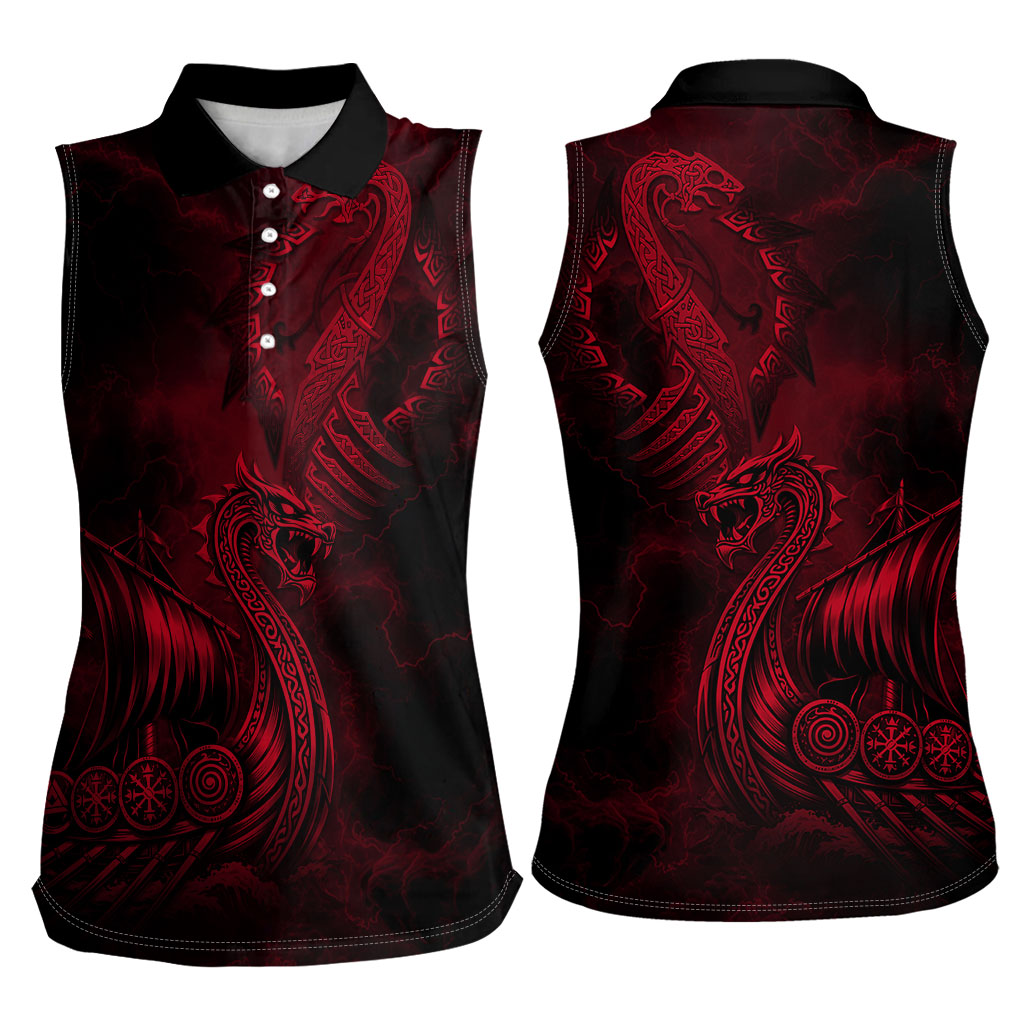 Viking Dragon Longship Helm of Awe Women Sleeveless Polo Shirt Nordic Mythology Tribal Engraving Style