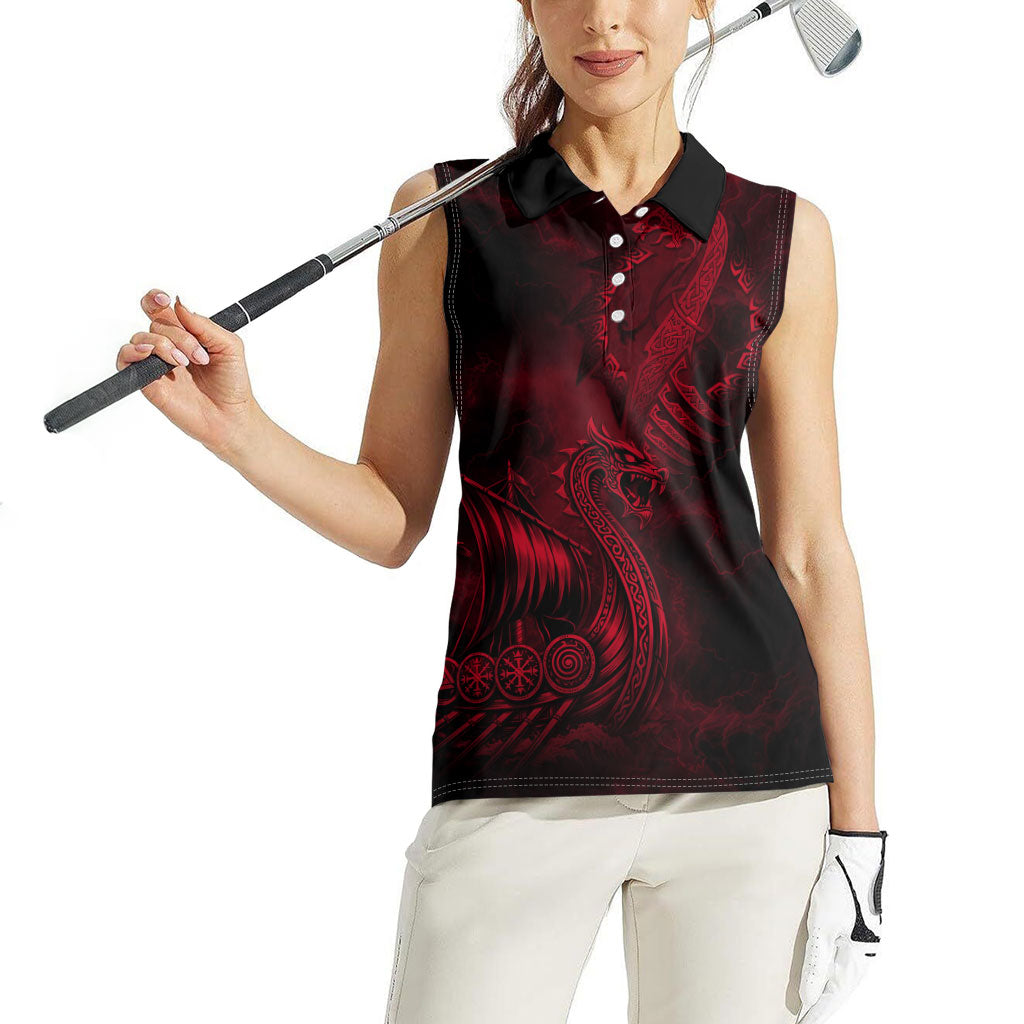 Viking Dragon Longship Helm of Awe Women Sleeveless Polo Shirt Nordic Mythology Tribal Engraving Style