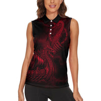 Viking Dragon Longship Helm of Awe Women Sleeveless Polo Shirt Nordic Mythology Tribal Engraving Style