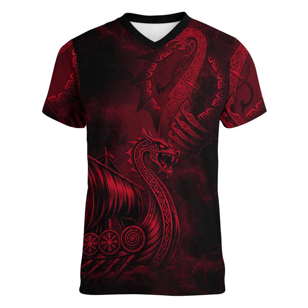 Viking Dragon Longship Helm of Awe Women V-Neck T-Shirt Nordic Mythology Tribal Engraving Style