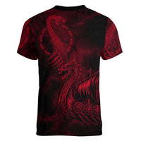 Viking Dragon Longship Helm of Awe Women V-Neck T-Shirt Nordic Mythology Tribal Engraving Style