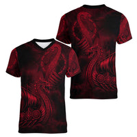 Viking Dragon Longship Helm of Awe Women V-Neck T-Shirt Nordic Mythology Tribal Engraving Style