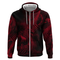 Viking Dragon Longship Helm of Awe Zip Hoodie Nordic Mythology Tribal Engraving Style